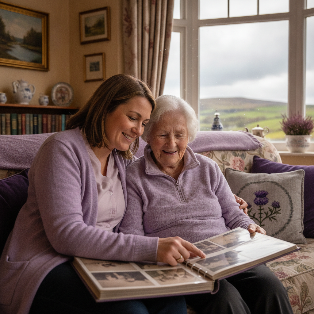 A Thistle & Thyme carer looking through a photo album with a client